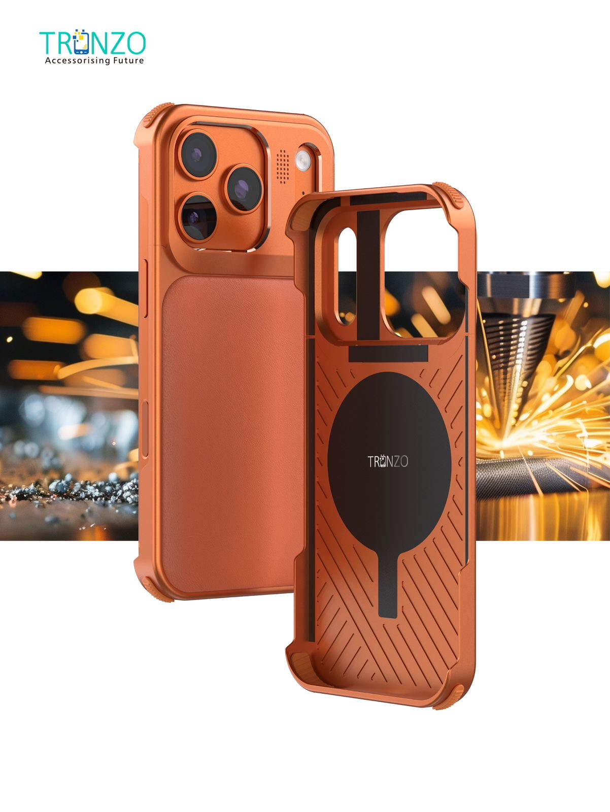 TRONZO iPhone 17 Pro Max Case | Sleek Metallic Frame Matte Leather Cover with Built-in Magnet