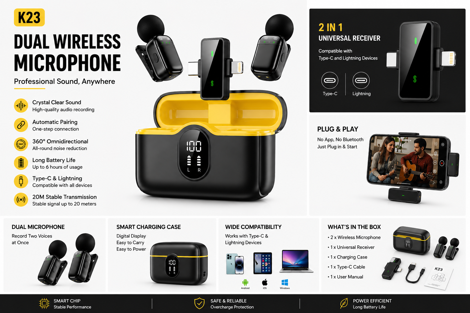 K23 Dual Wireless Microphone with Smart Charging Case | 2-in-1 Universal Receiver (Type-C & Lightning) for iPhone, Android, Laptop | Plug & Play Mic for Vlogging, YouTube & Reels