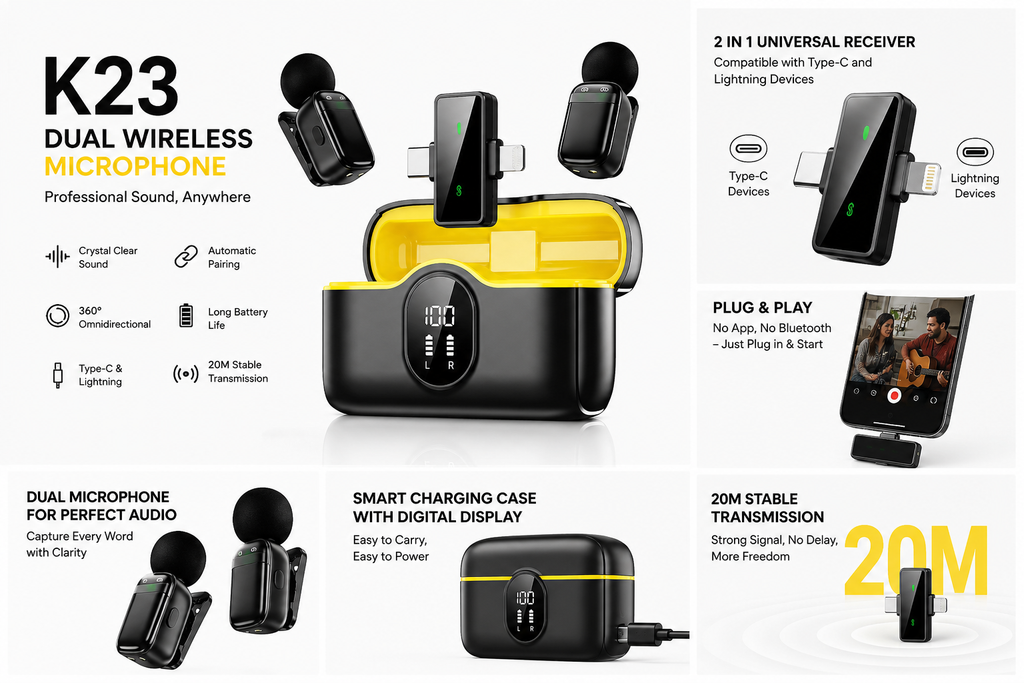 K23 Dual Wireless Microphone with Smart Charging Case | 2-in-1 Universal Receiver (Type-C & Lightning) for iPhone, Android, Laptop | Plug & Play Mic for Vlogging, YouTube & Reels