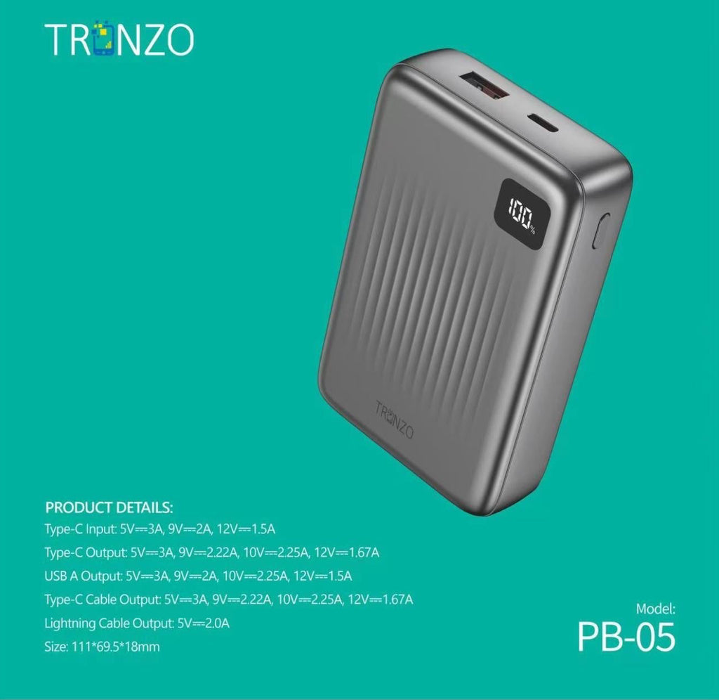 Tronzo 20000mAh TitanCharge Power Bank | 22.5W Fast Charging with Built-in Dual Cables & LED Digital Display (Model: PB-05)