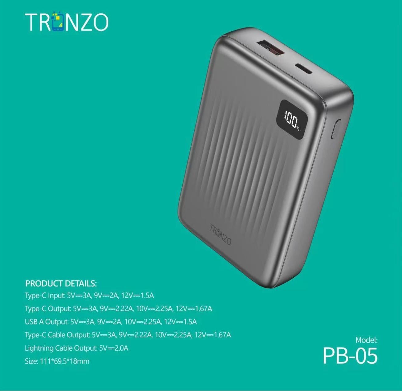 Tronzo 20000mAh TitanCharge Power Bank | 22.5W Fast Charging with Built-in Dual Cables & LED Digital Display (Model: PB-05)