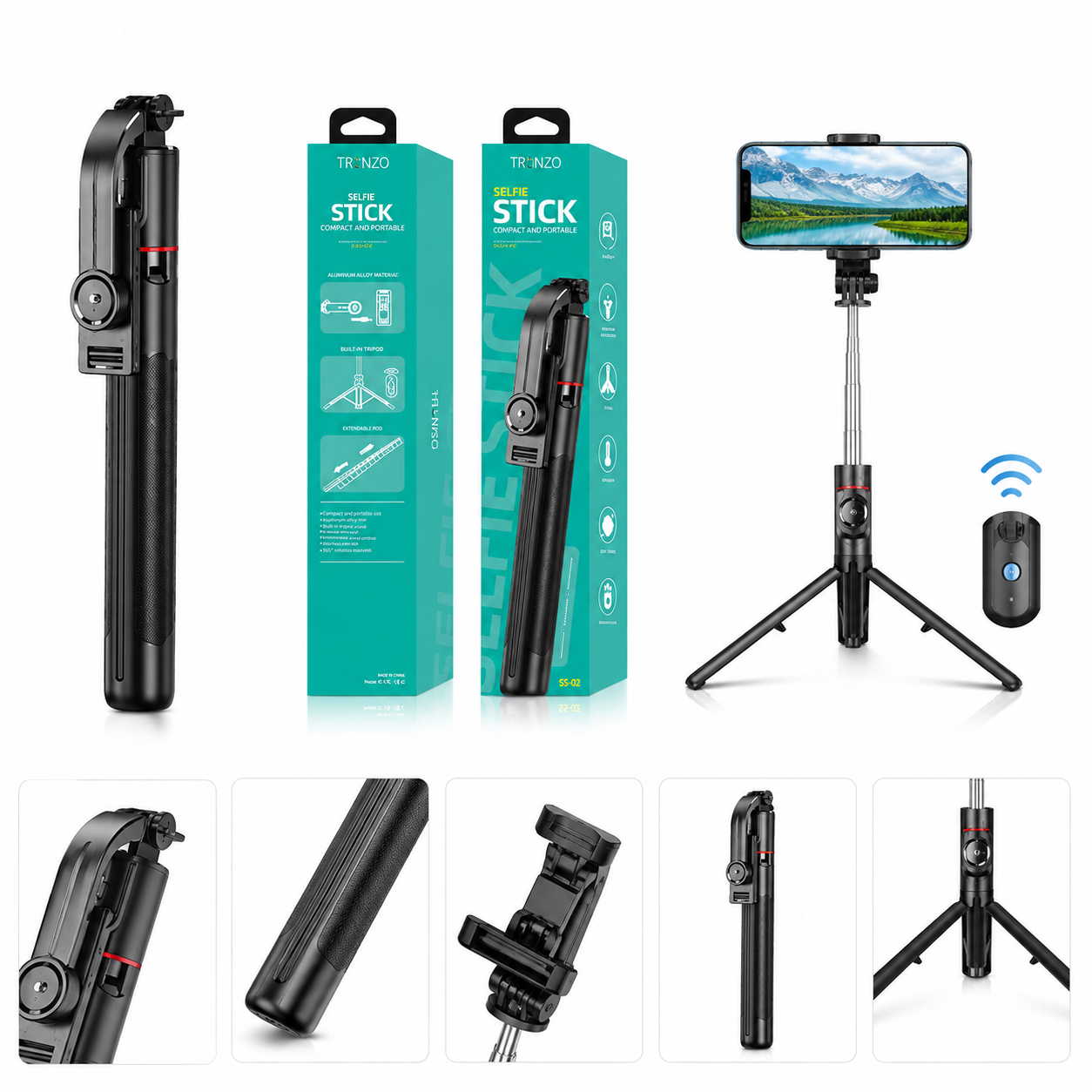 TRONZO SS-02 3-in-1 Selfie Stick Tripod with Bluetooth Remote | Extendable Mobile Stand for Android & iPhone
