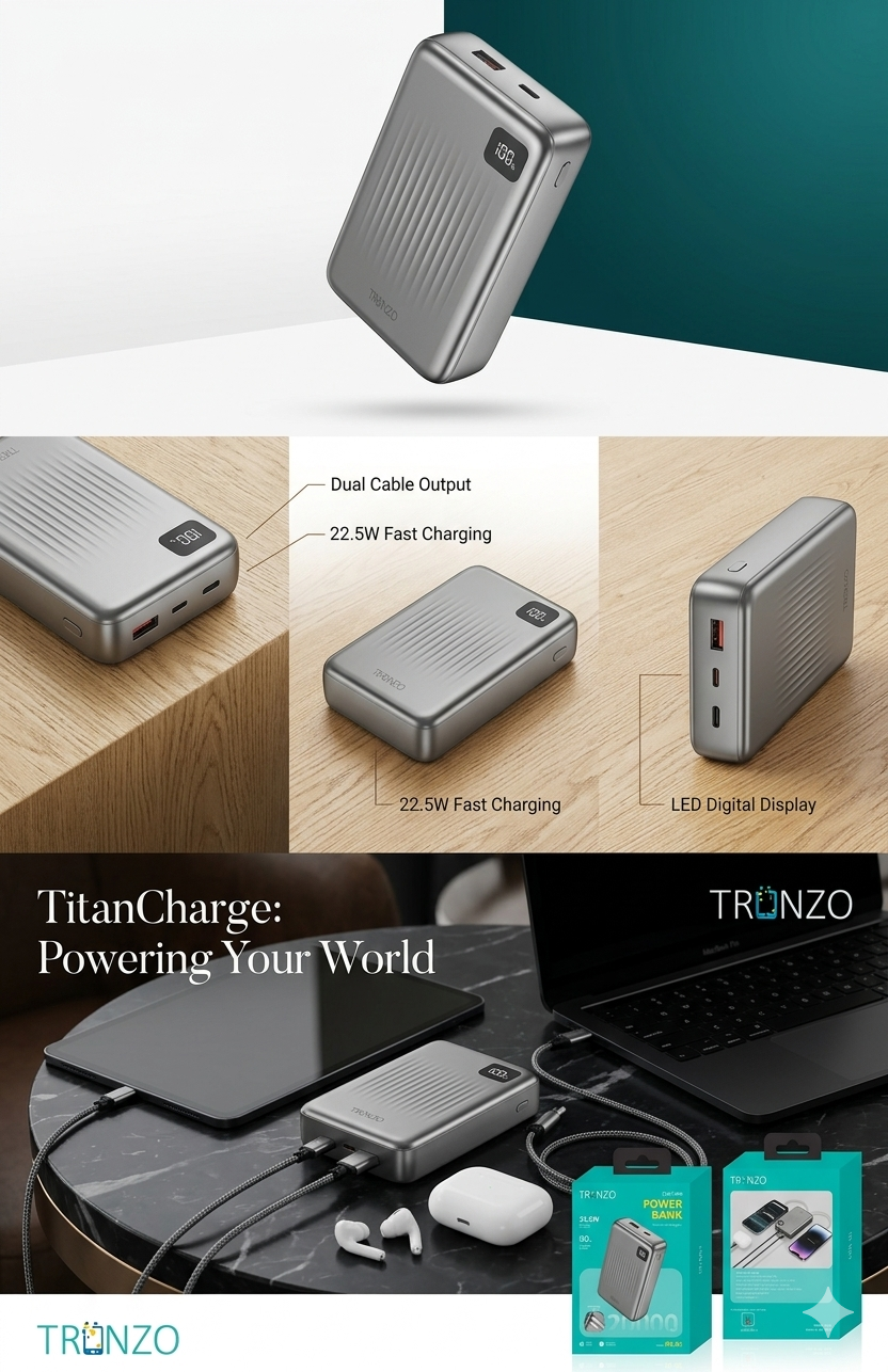 Tronzo 20000mAh TitanCharge Power Bank | 22.5W Fast Charging with Built-in Dual Cables & LED Digital Display (Model: PB-05)