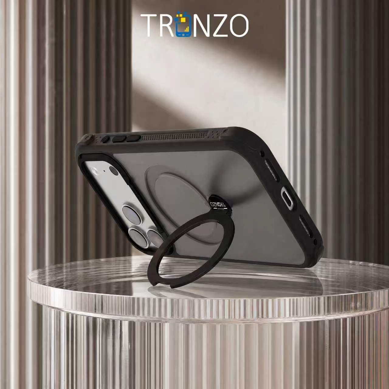 TRONZO Magnetic Ring Stand Case for iPhone | Shockproof Transparent MagSafe Cover with 360° Kickstand