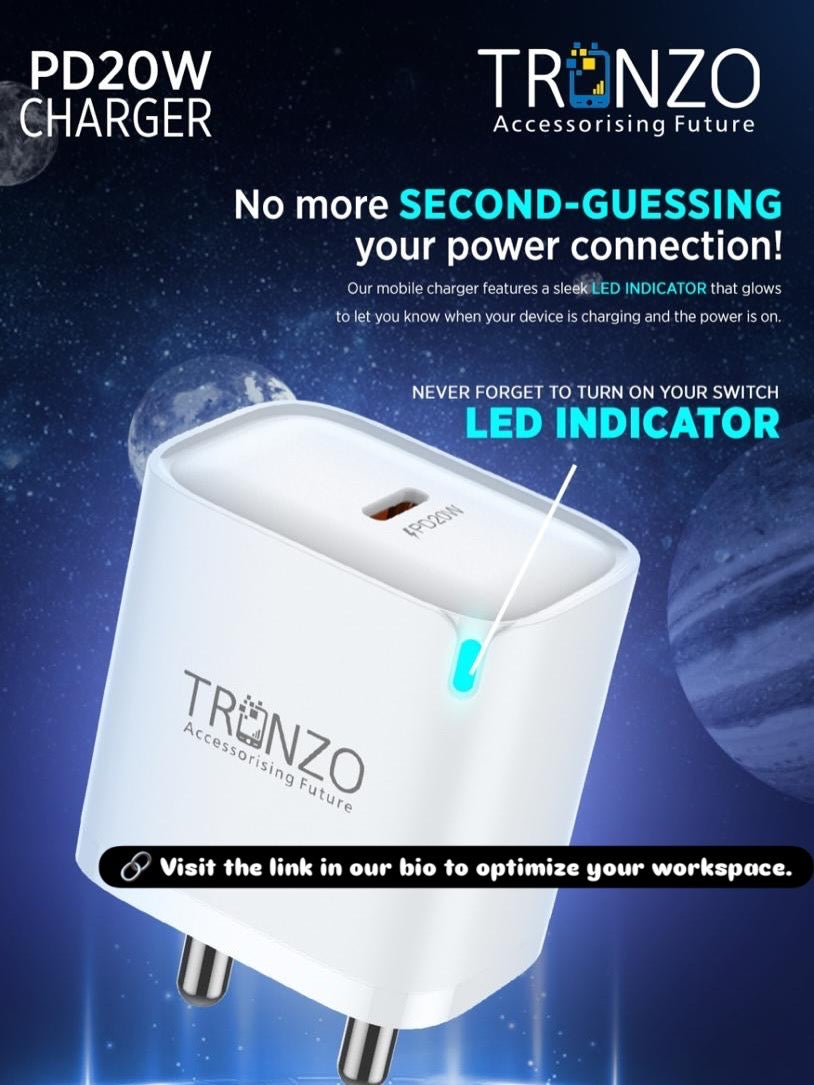 TRONZO 20W Ultra Fast Charger | Type-C Power Delivery (PD) Adapter for iPhone & Android | Compact Travel Charger