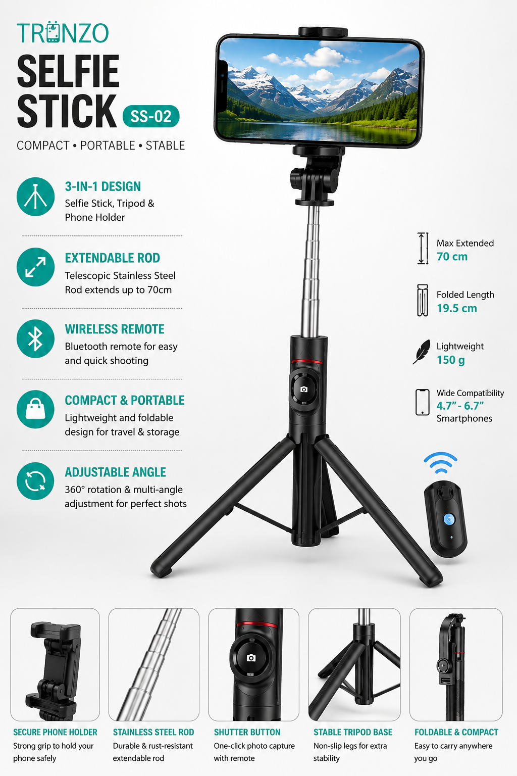 TRONZO SS-02 3-in-1 Selfie Stick Tripod with Bluetooth Remote | Extendable Mobile Stand for Android & iPhone