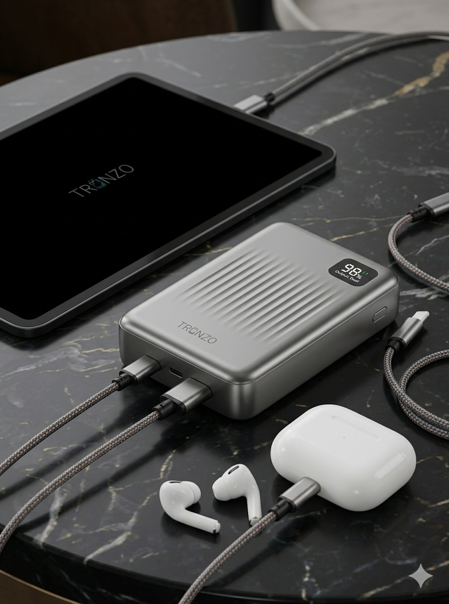 Tronzo 20000mAh TitanCharge Power Bank | 22.5W Fast Charging with Built-in Dual Cables & LED Digital Display (Model: PB-05)