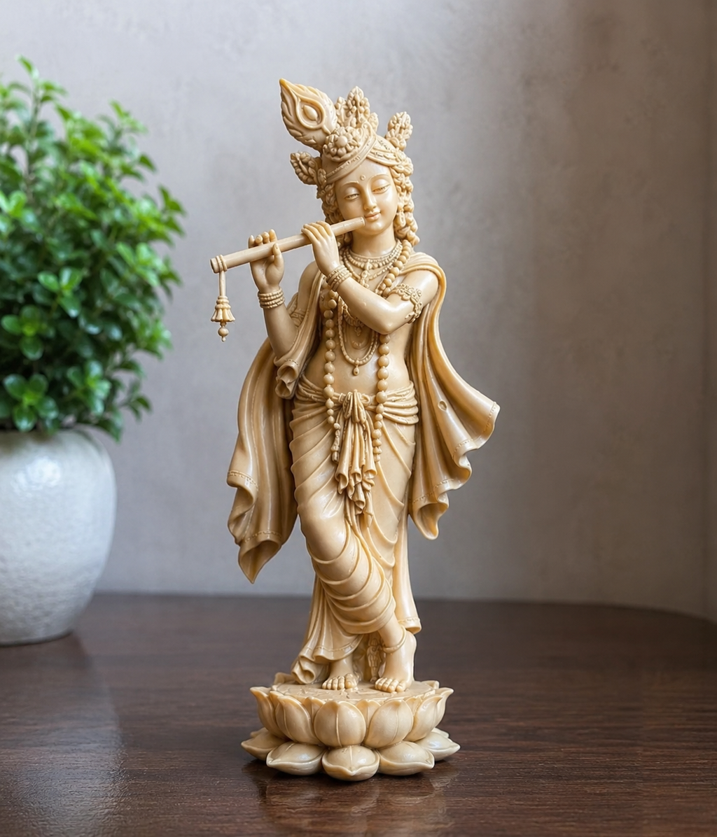 Premium 3D Printed Lord Krishna Statue - Smooth Ivory Finish