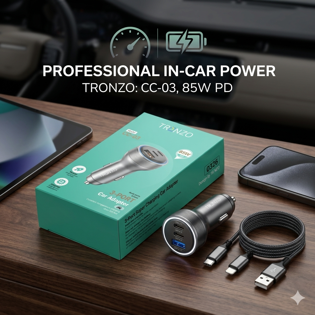 TRONZO CC-03 85W PD Fast Charging Car Charger | 3-Port USB-C + USB-A Car
